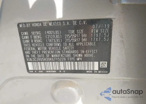 2019 Honda Hr-V Lx from USA, damaged, VIN 3CZRU5H30KG715229